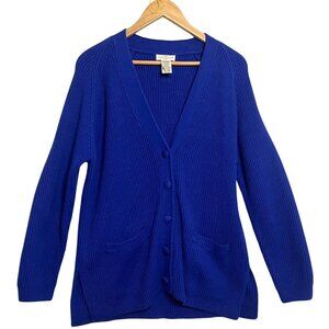 Yarnwork Women Medium Blue Button-Up Cardigan Sweater With Ribbed Knit & Pockets